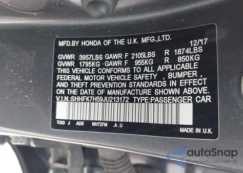 2018 Honda Civic Ex из США, поврежденный, VIN SHHFK7H59JU213172